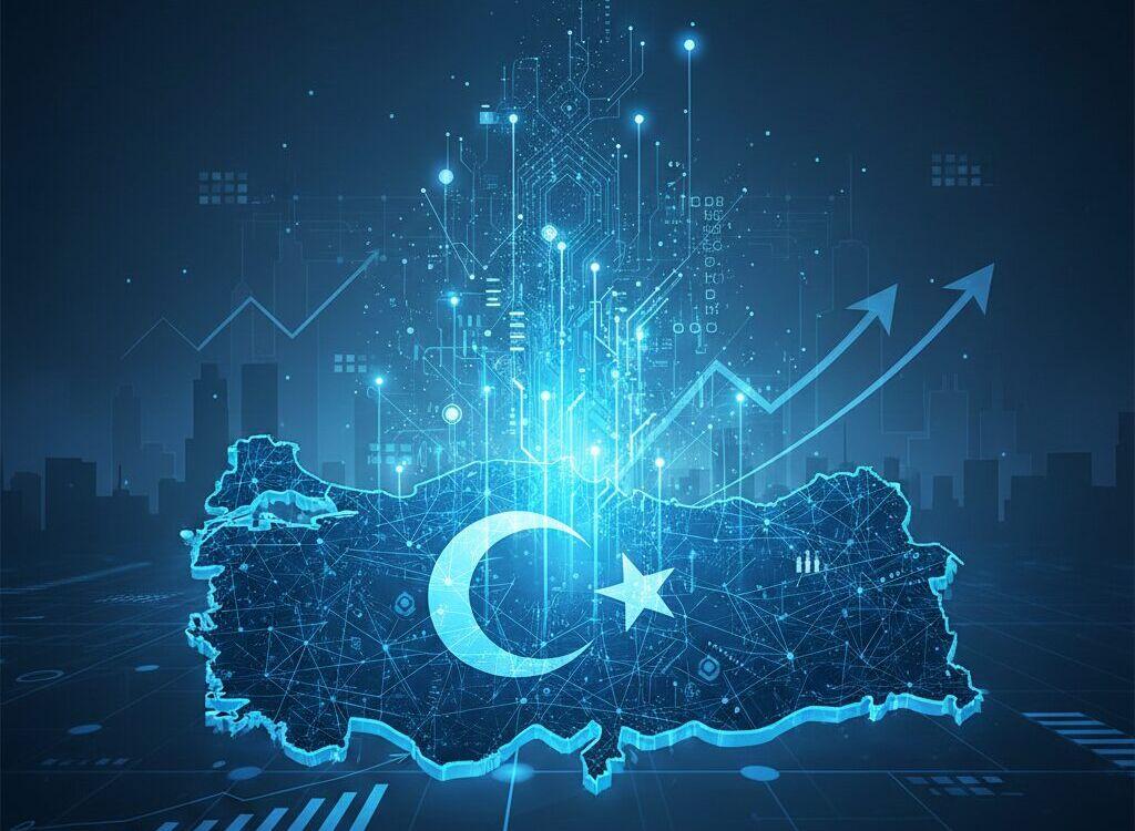 “Türkiye haritası üzerinde dijital ağlar ve yükselen grafiklerle gösterilen türk yapay zeka firmaları ekosistemi ve teknolojik büyüme”