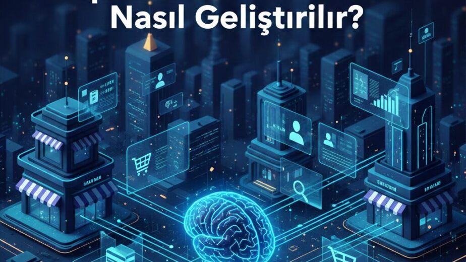 Yapay zeka ile e-ticaret süreçlerinin geliştirildiğini gösteren dijital şehir temalı görsel, AI destekli ürün önerileri, müşteri verileri ve akıllı alışveriş sistemlerini simgeliyor.