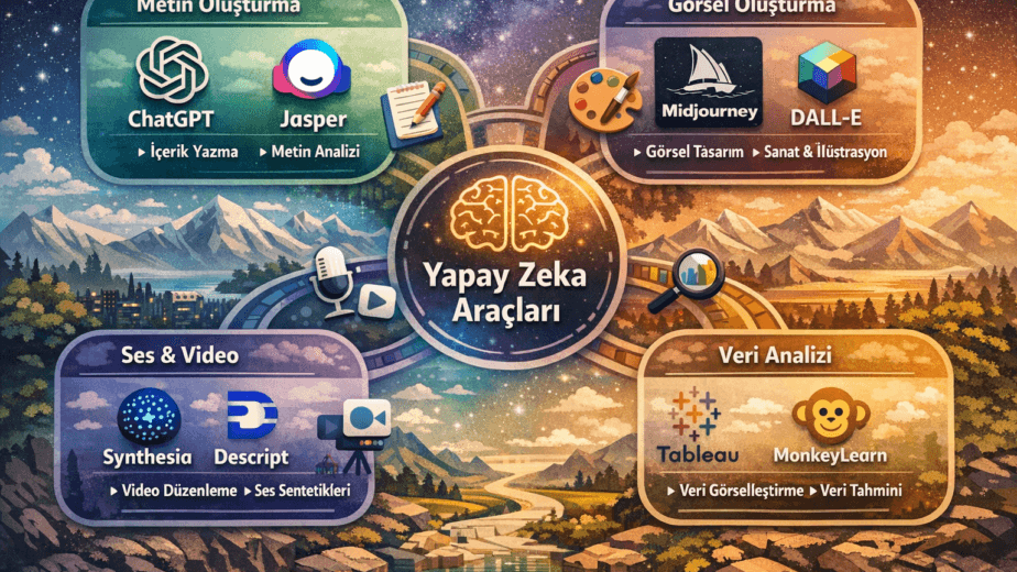 Yapay zeka para kazanma araçları infografiği - ChatGPT, Midjourney, Jasper gibi popüler AI platformlarının kullanım alanlarını gösteren görsel