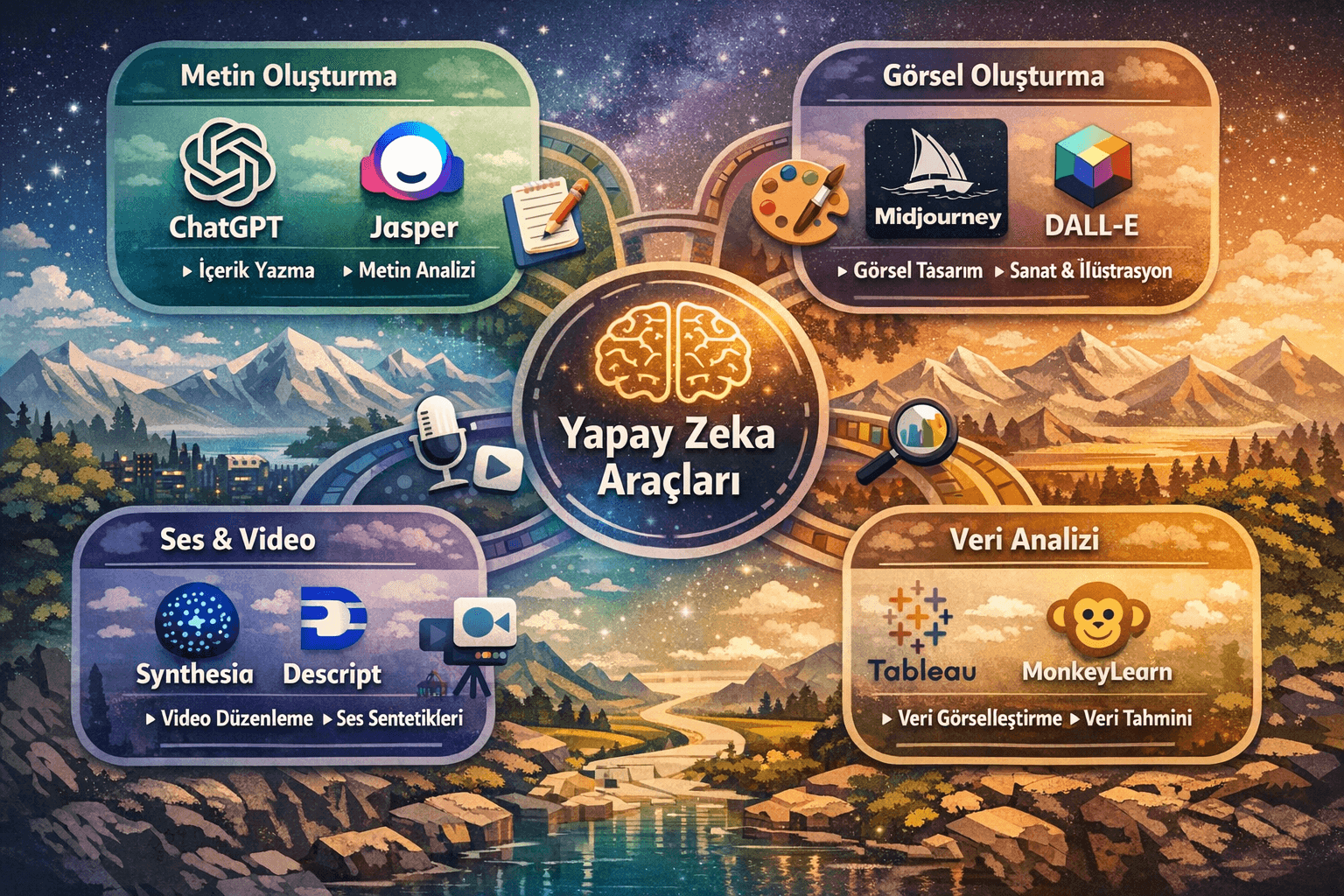 Yapay zeka para kazanma araçları infografiği - ChatGPT, Midjourney, Jasper gibi popüler AI platformlarının kullanım alanlarını gösteren görsel