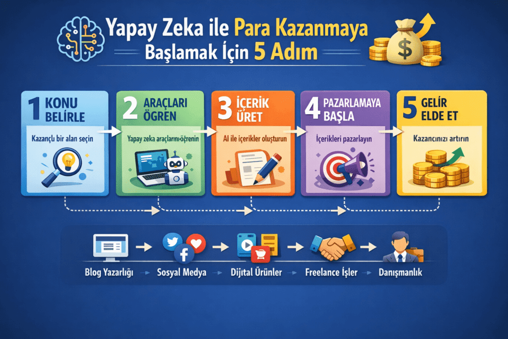 Yapay zeka ile para kazanmaya başlama rehberi - 5 adımlık süreç akış şeması: araç seçimi, öğrenme, portföy oluşturma, müşteri bulma, işi büyütme