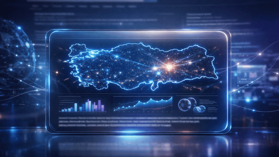 AI-first arama dönemini temsil eden, tek yanıt kutulu yapay zekâ arama ekranı ve İstanbul’un vurgulandığı Türkiye haritası görseli