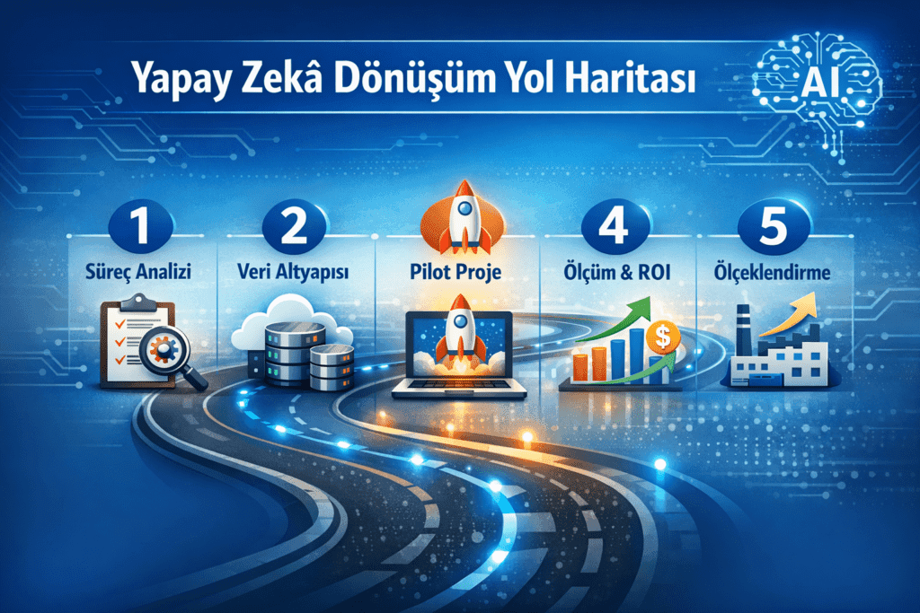 Yapay Zekâ Dönüşüm Yol Haritası infografiği: Süreç Analizi, Veri Altyapısı, Pilot Proje, Ölçüm ve ROI ile Ölçeklendirme adımlarını gösteren kurumsal mavi temalı dijital dönüşüm görseli.