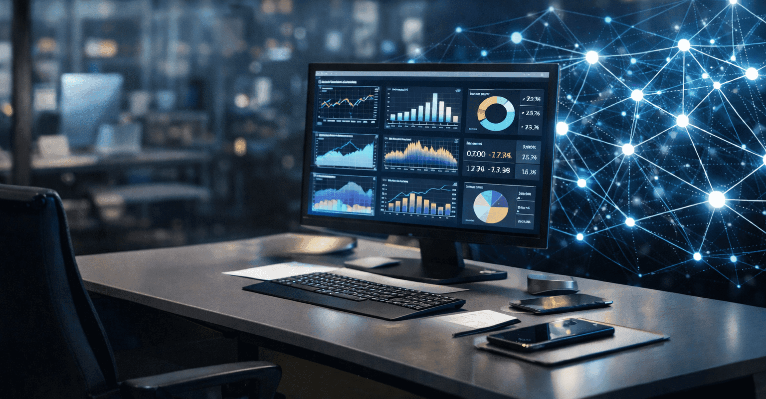 “2026’da Yapay Zekâ Dönüşümü başlıklı, modern ofiste veri dashboardu ekranı ve yapay zekâ ağ yapısı (neural network) görseli”
