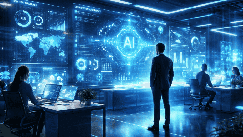 Yapay zeka destekli dijital pazarlama ve veri analizi ile işletme büyümesini gösteren futuristik konsept