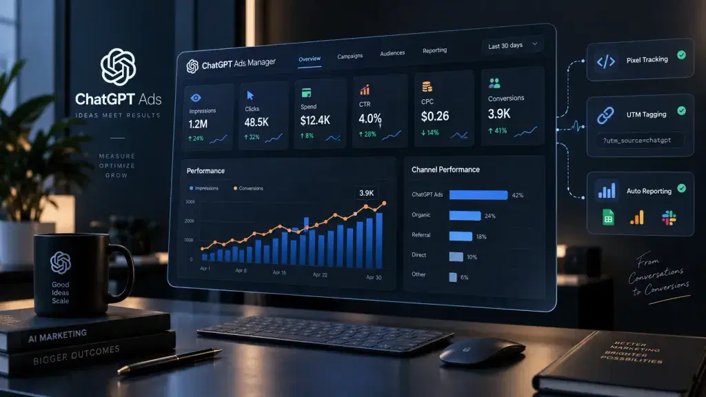 ChatGPT reklamlarının performansı nasıl ölçülüyor? Gösterim, tıklama, harcama, CTR, CPC ve dönüşüm metrikleri ile piksel takibi, UTM etiketleme ve otomatik raporlamayı gösteren ChatGPT Ads analiz paneli görseli.