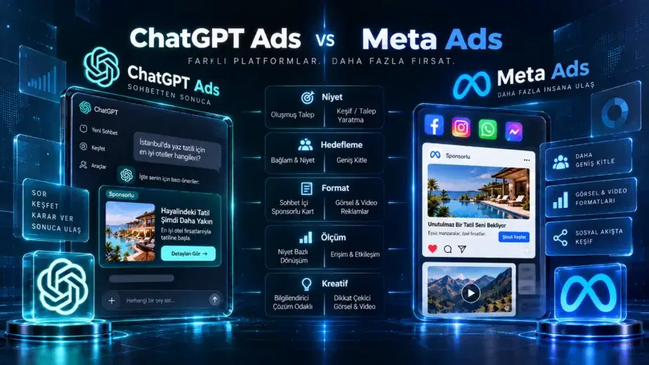 chatgbt ads ve meta ads karşılaştırması görseli; kullanıcı niyeti, hedefleme, reklam formatı, ölçüm yaklaşımı ve kreatif yapı açısından iki platformun farklarını dijital ekranlar üzerinden gösteren karşılaştırmalı tasarım.