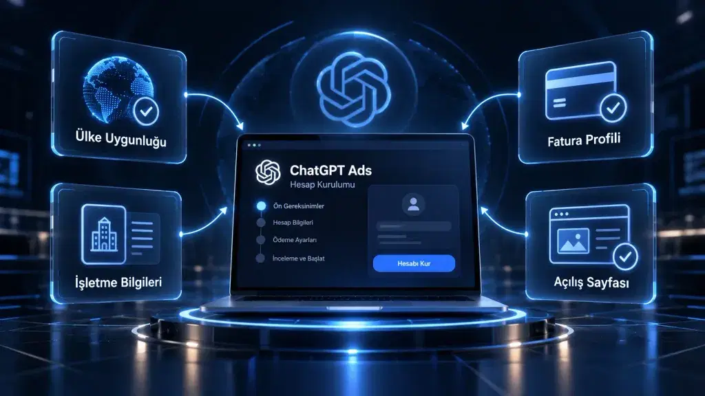 ChatGPT reklam hesabı açmak için ön koşullar neler? Ülke uygunluğu, işletme bilgileri, fatura profili ve açılış sayfası hazırlığını gösteren ChatGPT Ads hesap kurulum ön koşulları görseli.