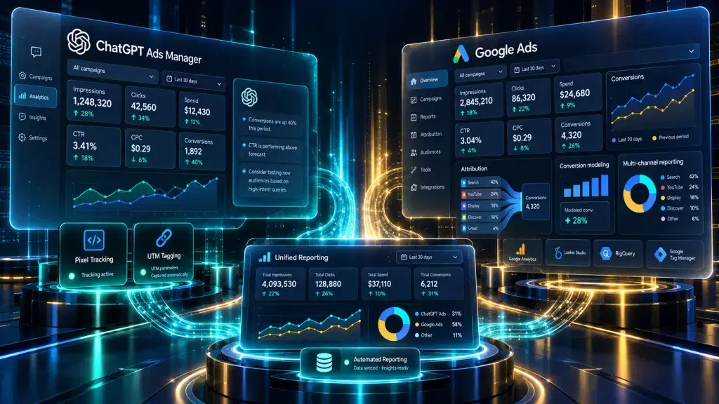 ChatGPT ile Google Ads Arasındaki Fark Nedir? ChatGPT Ads ve Google Ads’in gösterim, tıklama, harcama, dönüşüm ve raporlama metriklerini karşılaştıran; piksel takibi, UTM kullanımı ve birleşik raporlama yapısını gösteren dijital analiz görseli.