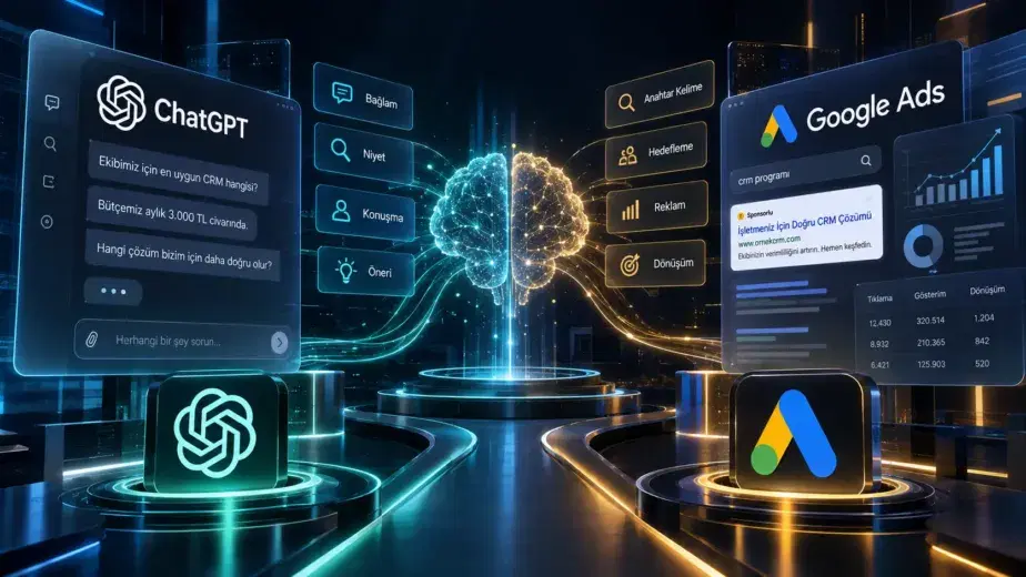 ChatGPT ile Google Ads Arasındaki Fark Nedir? ChatGPT’nin sohbet bağlamı ve kullanıcı niyeti odaklı reklam yaklaşımı ile Google Ads’in anahtar kelime, hedefleme ve performans odaklı reklam yapısını karşılaştıran dijital görsel.