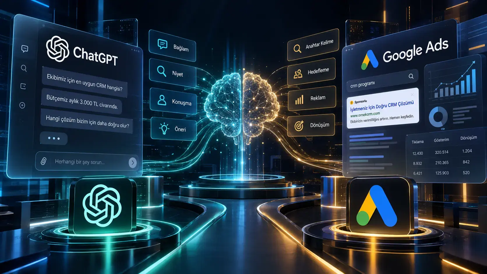 ChatGPT ile Google Ads Arasındaki Fark Nedir? ChatGPT’nin sohbet bağlamı ve kullanıcı niyeti odaklı reklam yaklaşımı ile Google Ads’in anahtar kelime, hedefleme ve performans odaklı reklam yapısını karşılaştıran dijital görsel.