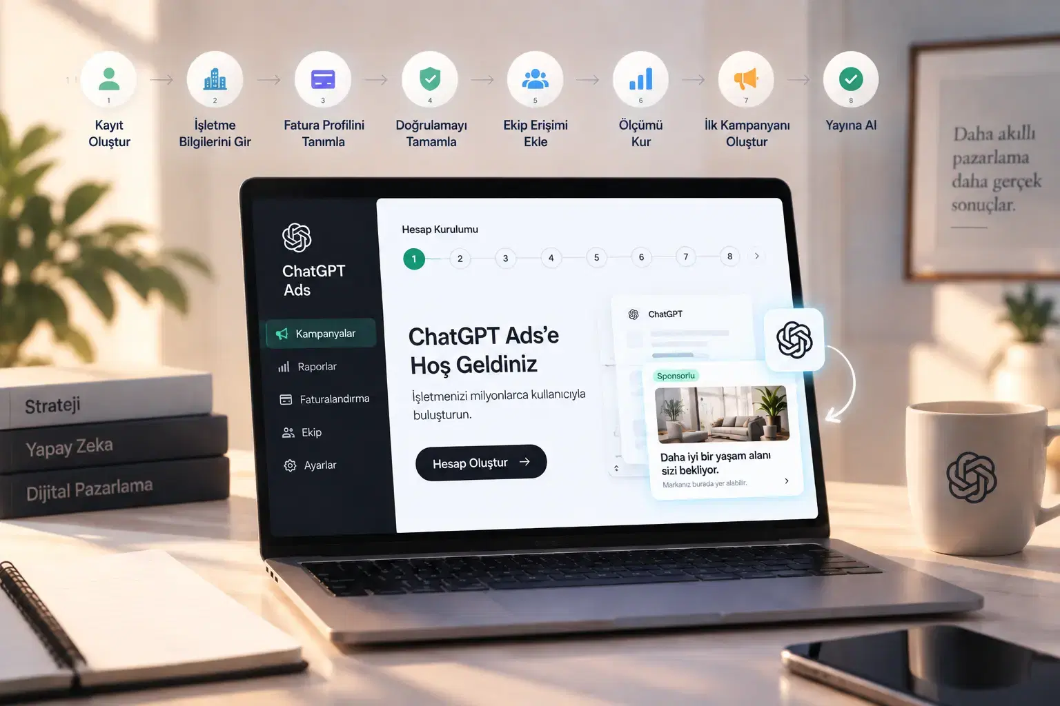 ChatGPT reklam hesabı nasıl açılır? Kayıt oluşturma, işletme ve fatura bilgilerini tanımlama, doğrulama, ekip erişimi, ölçüm kurulumu ve ilk kampanyayı yayına alma adımlarını gösteren ChatGPT Ads hesap kurulum görseli.