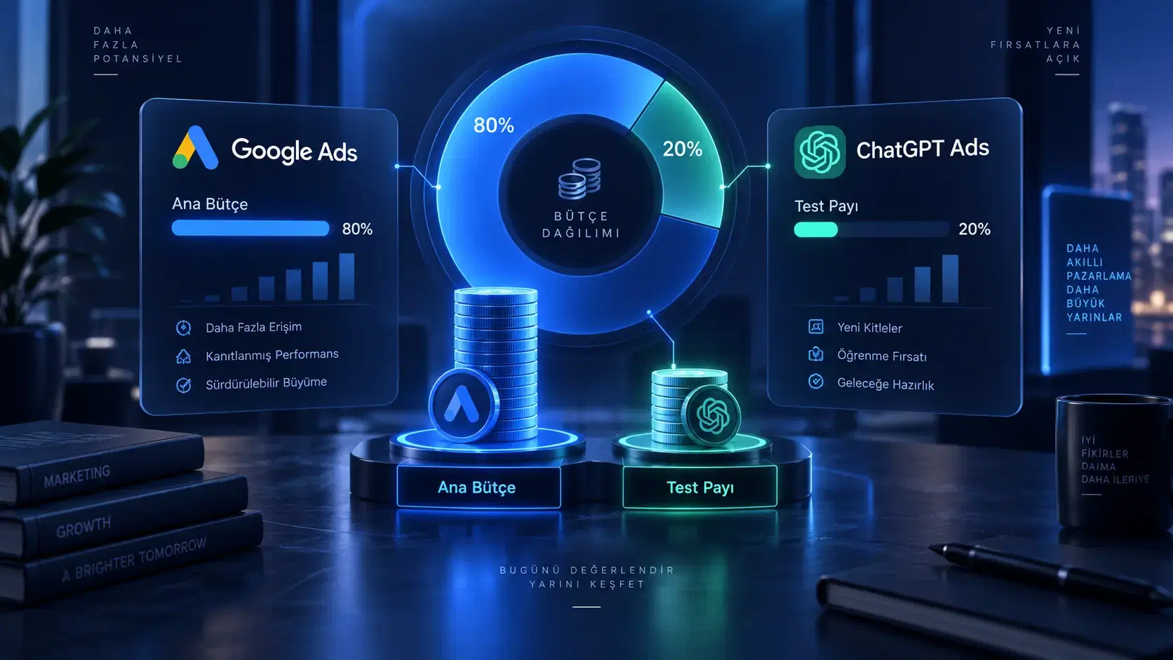 Google Ads bütçesi ve ChatGPT Ads dağılımı; ana reklam bütçesinin korunarak ChatGPT Ads için ayrı bir test payı oluşturulmasını ve iki kanal arasında kontrollü bütçe dağılımını gösteren dijital pazarlama görseli.