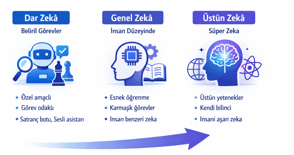 yapay zeka türleri sınıflandırması dar yapay zeka genel yapay zeka güçlü yapay zeka