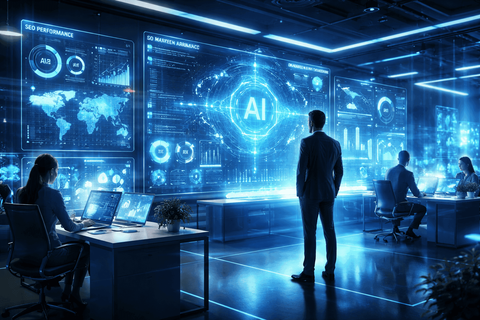 Yapay zeka destekli dijital pazarlama ve veri analizi ile işletme büyümesini gösteren futuristik konsept