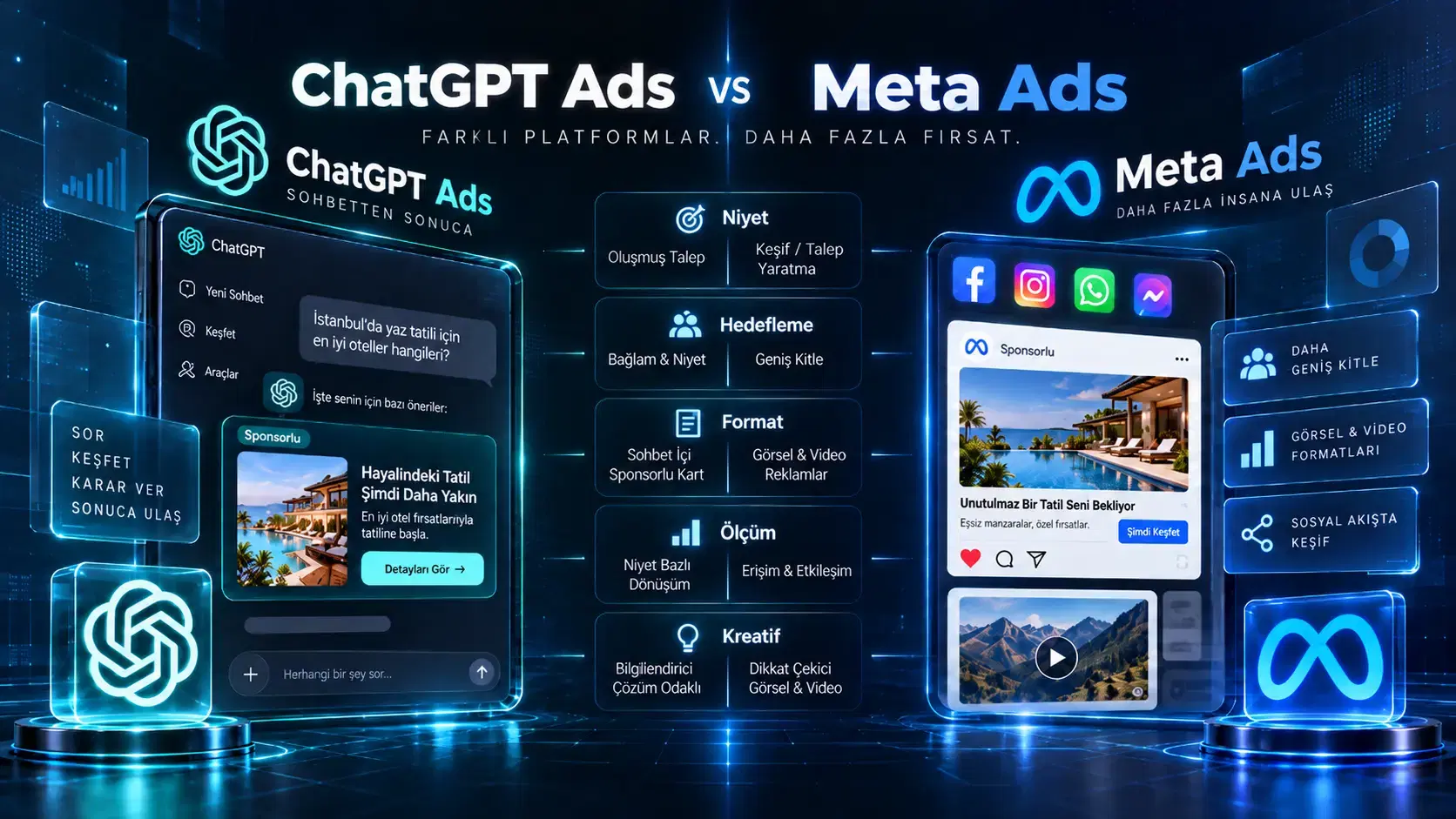 chatgbt ads ve meta ads karşılaştırması görseli; kullanıcı niyeti, hedefleme, reklam formatı, ölçüm yaklaşımı ve kreatif yapı açısından iki platformun farklarını dijital ekranlar üzerinden gösteren karşılaştırmalı tasarım.